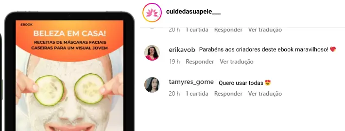 Depoimento no Instagram de mulher que baixou e está aplicando as receitas do ebook de skincare.