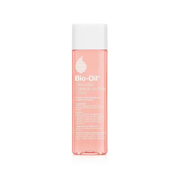 Óleo Corporal Bio Oil em um fundo branco.