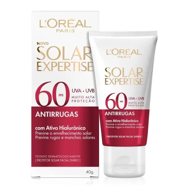 Protetor Solar Facial L'Oréal Paris Solar Expertise Antirrugas em um fundo branco.