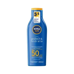 Protetor Solar NIVEA Sun Protect & Hidrata FPS50 400ml em um fundo branco.